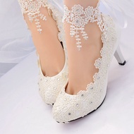 New large women's shoes white embroidered lace wedding shoes Bridesmaid shoes bride wedding shoes dr