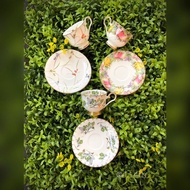Hoya BONE CHINA Tea Cups and Saucers - Green Leaf, Fruits, and Arles