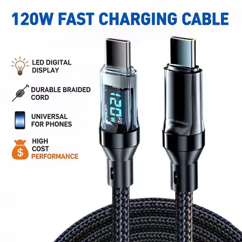 100W Type C To Type C Data Transfer Cable 120W USB A to Type C Fast Charge Cable with LED Display Co
