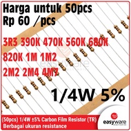 50x Carbon Film Resistor 1/4W 5% 0.25W 3R3 390K 470K 560K 680K 820K 1M 1M2 2M2 2M4 4M7 Ohm