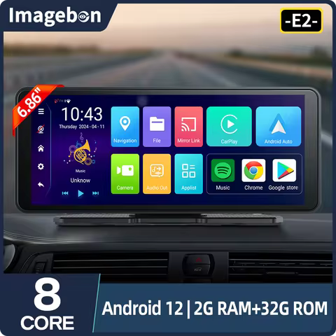 Imagebon E2 6.86''Dash Cam Android 12 Wireless Carplay Android Auto GPS 5G Wifi Google Play Youtube 