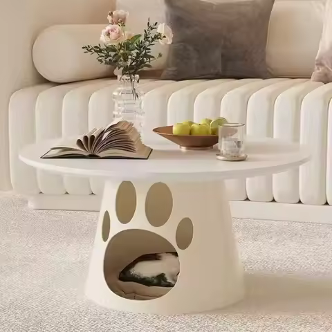 Modern simple and warm round art wrought iron wood-based panel coffee table cream wind pet shop with