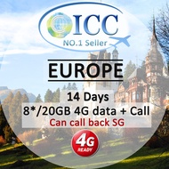 ◆ ICC◆【Europe Sim Card·14 Days】8GB/20GB 4GLTE Data+ Intl.Call (Including Call SG!)+Intl.Text