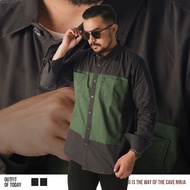 HIJAU KEMEJA KATUN DGM Men's Premium 30s Twill Cotton Shirt Long Double Pocket Combination Workshirt