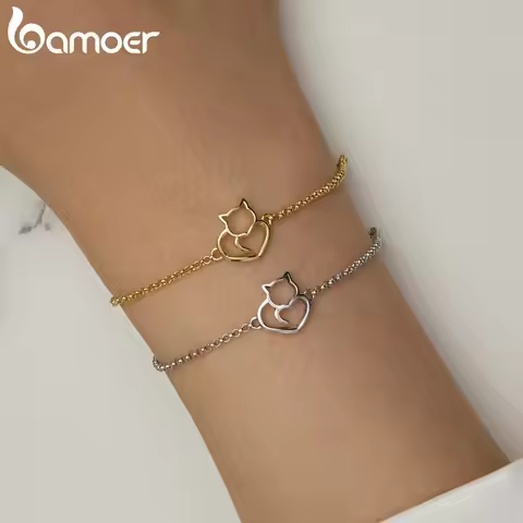 Bamoer Car Heart Bracelet Pure 925 Sterling Silver UNique Cat and Heart Design Bracelet Women Fine J