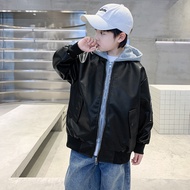 Boy Style Fake Two Leather Jacket Medium Big Boy Boy Handsome Hooded Handsome