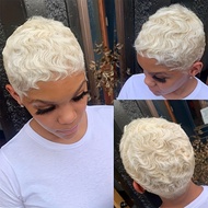 Curly Waveวิกผมผมมนุษย์PixieตัดWigsสําหรับผู้หญิงผมมนุษย์วิกผมคลื่นสั้นกับBangs Layered Fullทําวิกผม