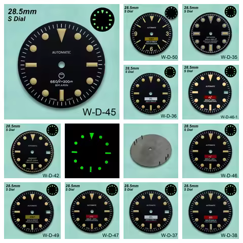 28.5mm Retro SUB Retro S Logo Dial Green Luminous Fit NH35/NH36 Movement Watch Modification Accessor