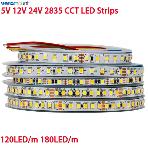 5m Dual Color SMD 2835 CCT Dimmable LED Strip Light 5V 12V 24V DC WW CW Color Temperature Adjustable