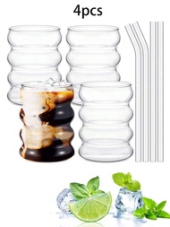 1/4pcs 300ml 10.14oz Ripple Glass Cup,Glassware With Straws,Creative Glass Cups,Vintage Drinking Gla