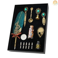 Vintage Feather Pen and Ink Set Fancy Metal Quill Pen with Gear Decorative with Pen Stand Base/10ml 