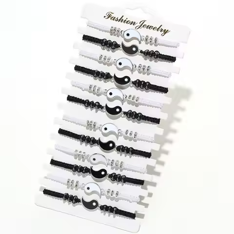YEYULIN 12Pcs/Lot Black White Yin Yang Charm Bracelet Set Tai Chi Pendant Braided Rope Adjustable Br
