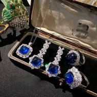 本命年馬達加斯加藍寶石雪花戒指  鍍18K金 皇藍鋯石花朵耳環禮物