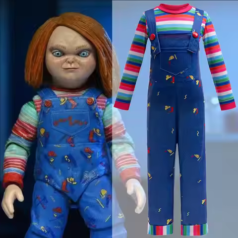 Halloween Costume Chucky Child Play Blue Cartoon Jumpsuit Overalls with Striped Shirt for Kids Adult