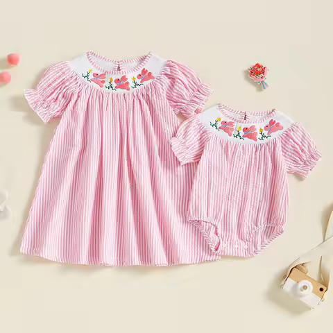 Listenwind Baby Girl Easter Romper Short Puff Sleeve Stripes Print Smocked Bodysuit Sisters Matching