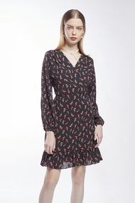 EP เดรสทรงไขว้ทับลายดอกไม้ ผู้หญิง สีดำ | Dark Floral Print Wrap Dress | 00848