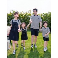 Matching Family Outfits: Men's Stripe Shirt, Women's Long Denim Dress, Boy's Short Pants