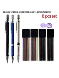 8入組2.0mm自動鉛筆套裝2B自動鉛筆彩色/黑色鉛芯補充藝術素描學校用品文具（3支筆+4條鉛芯+1個鉛筆刨花機）