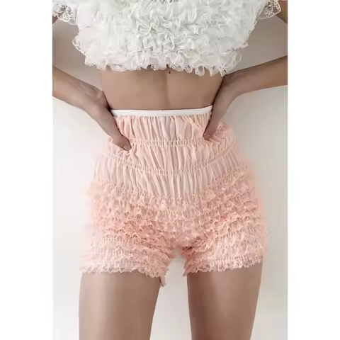 Lamuusaa Ruffle Shorts y2k Coquette Clothes Women Elastic High Waist Lace Trim Hot Pants Trousers 20