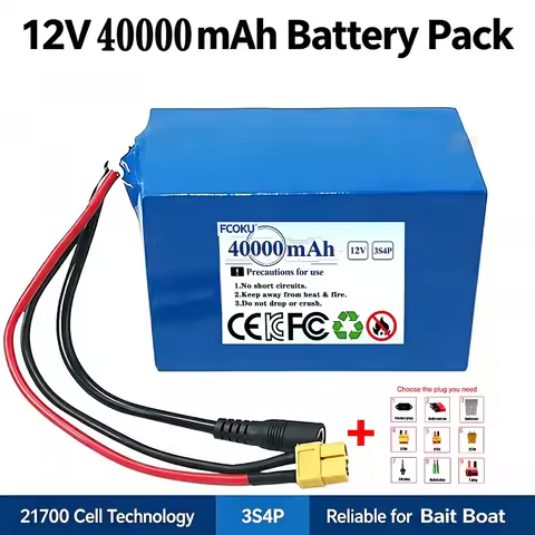 12V 40000mAh 21700 High Rate Li-ion Battery Waterproof 3S4P Pack for Fishing Boat Marine Motor Kayak