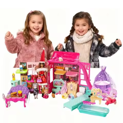 Portable Foldable Dollhouse for Girls Toddlers 3-5 Years with 3 Dolls Fashion Furniture 50+ Pieces T