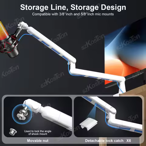 White Microphone Boom Arm Adjustable Low Profile Mic Stand with Extended Riser & Cable Management fo