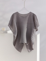 40681 One Size (45-75kg) Peplum Top Summer WomenS Horizontal Fold Loose Plus Size Crew Neck Pullover