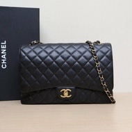 CHANEL CF口蓋包MAXI33黑色荔枝牛皮19開金扣肩背包