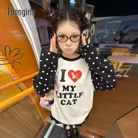 Tonngirls Harajuku Print Graphic Tops Loose Casual T-shirt Women Dot Patchwork Y2k Vintage Grunge To