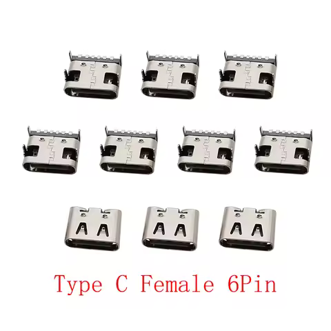 10Pcs Type C Female 6 Pin Connector Jack USB-C SMD PCB Soldering DIY Repair Charging Port 6P Type-C 
