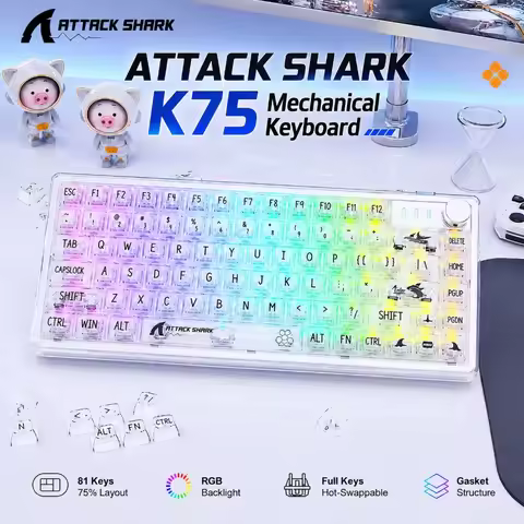 ATTACK SHARK K75 75 Percent Mechanical Keyboard 81 Key Transparent RGB Wired Hot Swappable Gasket Ga