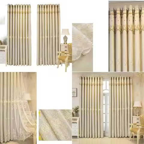 Luxury Beige Double Layer Blackout Curtains with Embroidery, 51x84 Inches for Living Room & Bedroom