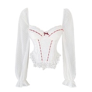 Doggyqin Damaged Doll Polka Dot ลูกไม้ ตาข่าย เสื้อท่อนบน และ Lantern กางเกง กางเกงขาสั้น ชุด ผู้หญิ