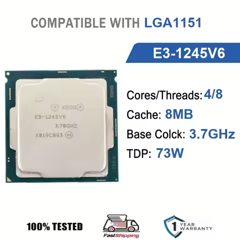 Intel Xeon E3-1245V6 4 Core 8 Thread 3.7GHz 73W 8MB Cache 14nm LGA1151 SR32B DDR4-2400 DDR3L-1866MHz
