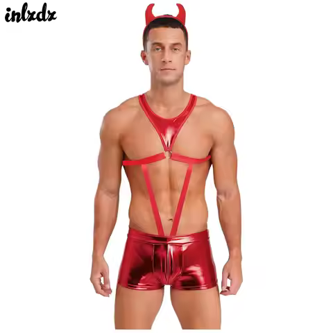 Mens Lingerie Metallic Shiny Mankini Bodysuit with Devil Horn Headwear Hollow Out Harness Showing Ch