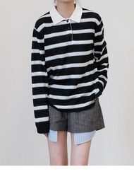 撞色條紋polo領長袖T恤針織衫
