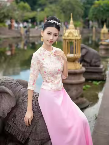 2pcs Thailand Long-gyi Skirt Sarong Dai Tube Skirt Women's Clothing Traditional Dai Ethnic Pink flor