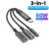 3 in 1 PD 60W USB Type C to 3.5mm Headphone and Charger Adapter 3-in-1 USB C to AUX Audio Jack Dongl