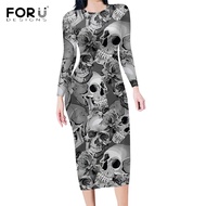 FORUDESIGNS Women Spring Autumn Vintage Bodycon O-neck Dress Sugar Skull With Rose Flower 3D Print Sexy Gothic Style Party Cloth