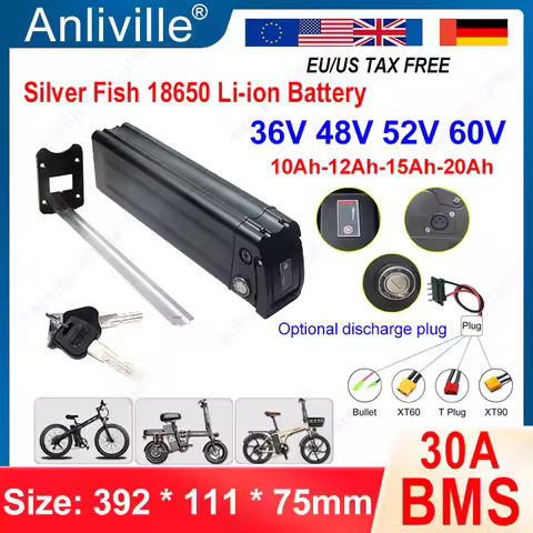 New Silver Fish 36V/48V/52V/60V 10Ah 12Ah 15Ah lithium battery pack, suitable for 250W-1800W folding