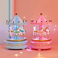 Merry-go-round Music Boxes Geometric Music Baby Room Decoration Gifts With LED Light Wooden Horse Carousel Box Home Decor