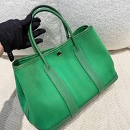 🌈Hermes💚Garden party 30💚竹子綠色帆布拼皮銀扣🌈99新🌟gardenparty30🌟gardenparty🌟花園包🌟愛馬仕🌟