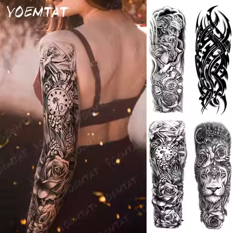 Large Full Arm Sleeve Waterproof Temporary Tattoo Sticker Zeus God Portrait Dove Compass Flower Fake