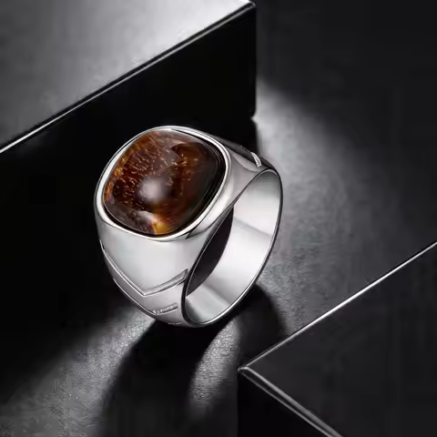 Fashion Geometric Tiger Eyes Stone Rings, Stainless Steel Textured Chunky Ring for Men, Natural Ston
