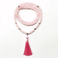 8mm Natural Pink Quartz Stone Bracelet Bead Buddhist Prayer 108 Mala Beads Tibetan Silver Necklace Bracelet Pink Tassel Handmade