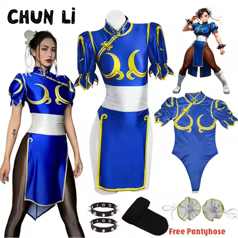 Women's Street Fighter Chun Li Cosplay Costume Game Fighter Chunli Blue Cheongsam with Headdress and