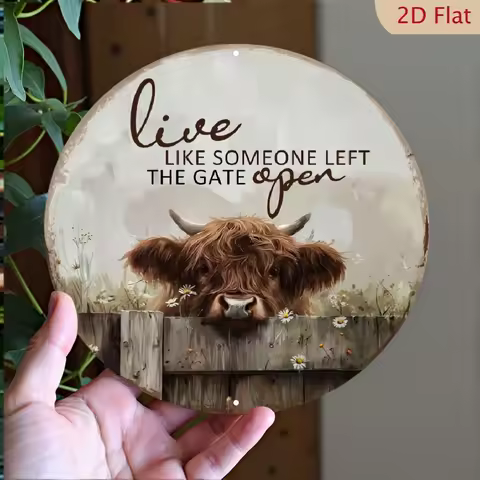 [2D Flat] Vintage Highland Cow Wall Decor - 8x8" Round Aluminum Sign with Rustic "Live Like Someone 