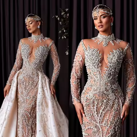 Vintage Crystal Pearls Wedding Dresses High Neck Bridal Gowns Detachable Train See Through Mermaid C