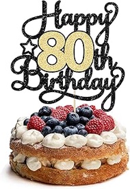 1Pc Happy 80th Birthday Cake Topper Black Gold Glitter Cheers to 80 Years Birthday Cake Pick 80th Bi