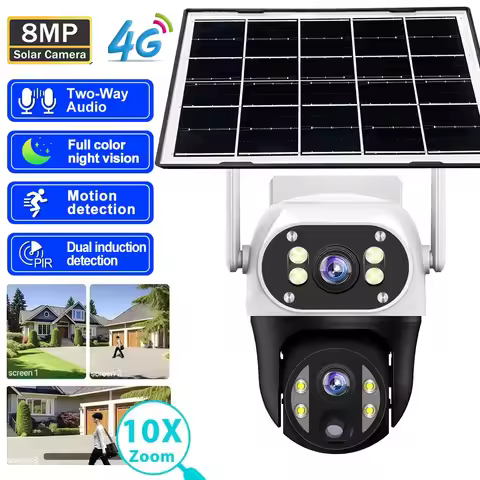 8MP 4K HD Solar 4G Camera 2 Lens 3 Screen PIR Motion Detection 10X Zoom Cameras Night Vision Solar S